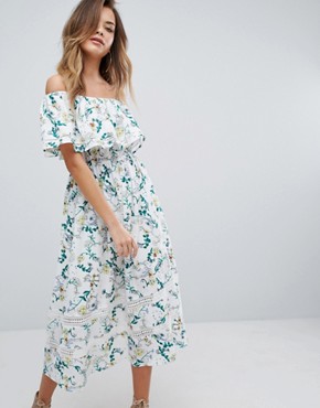 prettylittlething bardot floral midi dress