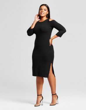 photo Plus Size Cold Shoulder Ribbed Sweater Dress by Mossimo, color Black - Image 1