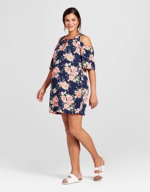 photo Maternity Cold Shoulder Dress by Maternal America, color Navy Floral - Image 1