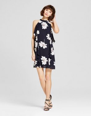 photo Sleeveless Floral Ruffle Side Dress Navy by Eclair, color Navy - Image 1