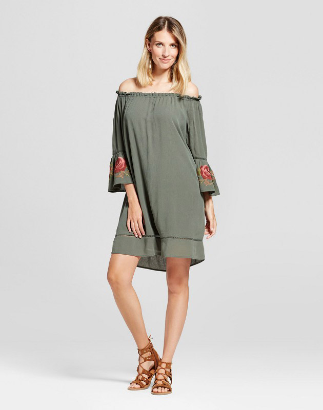 photo Embroidered Bell Sleeve Off the Shoulder Dress by Knox Rose, color Olive Green - Image 1