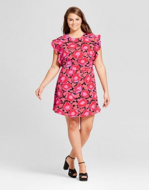 photo Plus Size Ruffle Sleeve Fit & Flare Dress by Who What Wear, color Orange Floral - Image 1