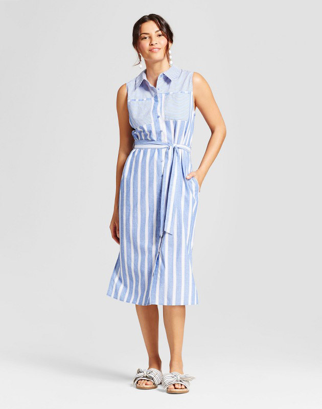 photo Striped Button Down Shirt Dress by Notations, color Blue/White - Image 1