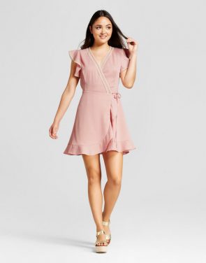 photo Lace Trim Ruffle Sleeve Wrap Dress by Eclair, color Rose Pink - Image 1