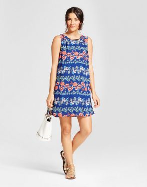 photo Printed Tank Dress with Necklace Bar by Lux II, color Blue/Red - Image 1