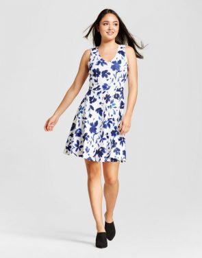 photo Printed Scuba Fit n' Flate Dress by Alison Andrews, color Blue/White - Image 1