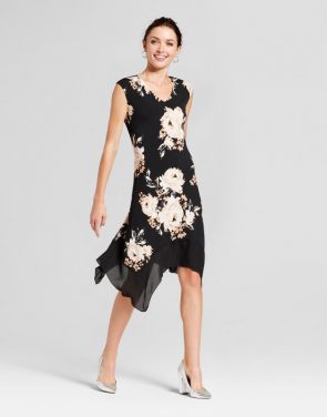 photo Floral Printed Dress with Chiffon Hem by Lux II, color Black Tan - Image 1