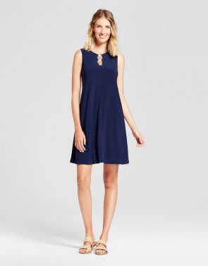 photo Three Ring Neck Solid Trapeze Dress by Chiasso, color Navy - Image 1