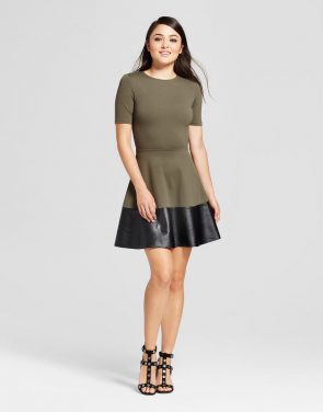 photo Ponte and Pleather Fit & Flare Dress by Necessary Objects, color Olive Green - Image 1