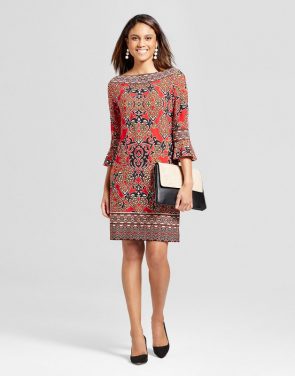 photo Knit 3/4 Bell Sleeve Printed Dress by Studio One, color Black Red - Image 1