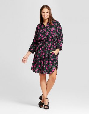 photo Plus Size Tie Waist Shirtdress by Who What Wear, color Black Floral - Image 1