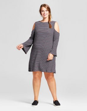 photo Plus Size Rib Knit Cold Shoulder Long Sleeve Dress by Xhilaration, color Black Stripe - Image 1