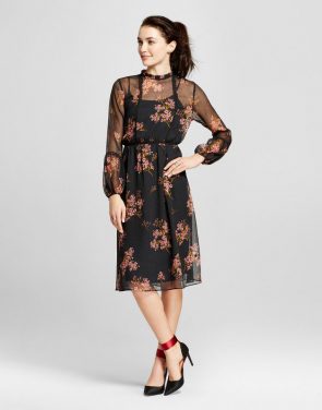 photo Lace Trim Midi Dress by Who What Wear, color Black Floral - Image 1