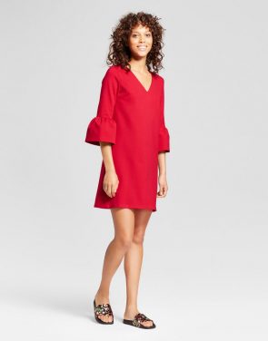 photo V-Neck Ponte Bell Sleeve Dress by Necessary Objects, color Red - Image 1