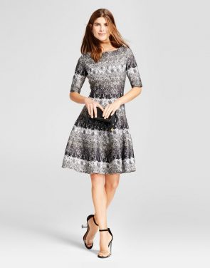 photo Printed Elbow Sleeve Scuba Dress by Melonie T, color Black/Ivory - Image 1