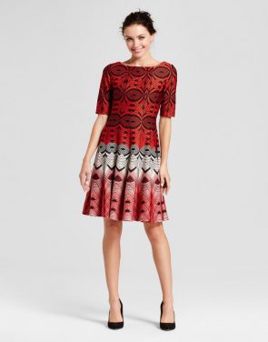 photo Printed Elbow Sleeve Fit and Flare Dress by Melonie T, color Red Combo - Image 1