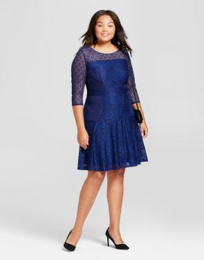 photo Plus Size 3/4 Sleeve Lace Fit and Flare Dress by Notations, color Navy - Image 1
