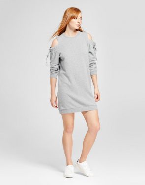 photo Cold Shoulder Ruffle Tie Sweater Dress by nitrogen, color Grey - Image 1