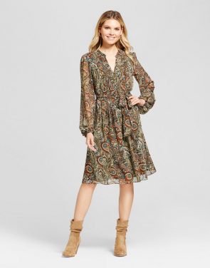 photo Printed Pintuck Shirt Dress with Chiffon Sleeve by Chiasso, color Olive/Blue - Image 1