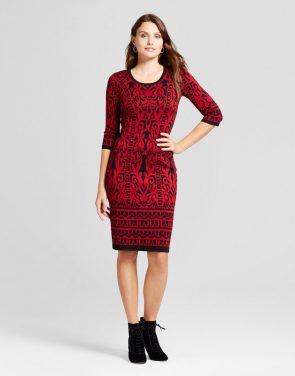 photo Scroll Printed Sheath Sweater Dress by Melonie T, color Red/Black - Image 1