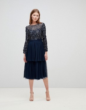 maya long sleeve sequin top midi dress with tiered tulle skirt