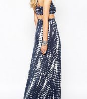 photo Abstract Color Block Print Halter Cut Out Waist Maxi Dress by OASAP, color Blue White - Image 2