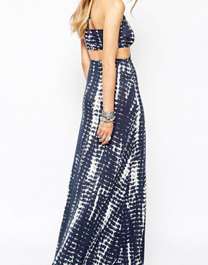 photo Abstract Color Block Print Halter Cut Out Waist Maxi Dress by OASAP, color Blue White - Image 2