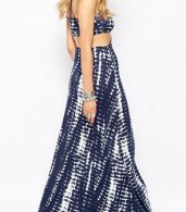 photo Abstract Color Block Print Halter Cut Out Waist Maxi Dress by OASAP, color Blue White - Image 3