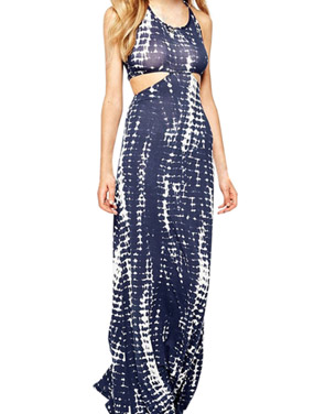 photo Abstract Color Block Print Halter Cut Out Waist Maxi Dress by OASAP, color Blue White - Image 1