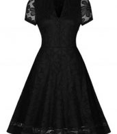 photo Black Lace V-Neck Short Sleeve Swing Dress by OASAP, color Black - Image 2