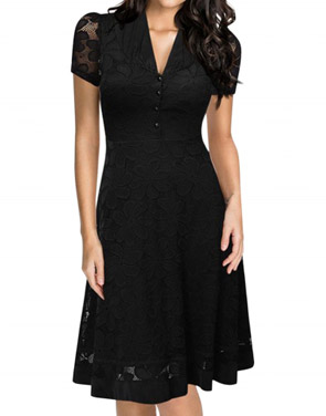 photo Black Lace V-Neck Short Sleeve Swing Dress by OASAP, color Black - Image 1