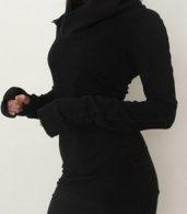 photo Black Long Sleeve Slim Fit Hooded Dress by OASAP, color Black - Image 7