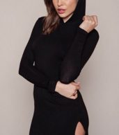 photo Black Side Slit Long Sleeve Hooded Bodycon Dress by OASAP, color Black - Image 4