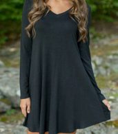 photo Black V-Neck Long Sleeve Stretch Knit Trapeze Dress by OASAP, color Black - Image 1