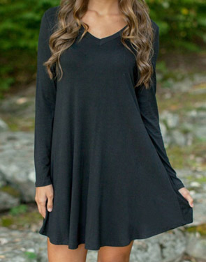 photo Black V-Neck Long Sleeve Stretch Knit Trapeze Dress by OASAP, color Black - Image 1