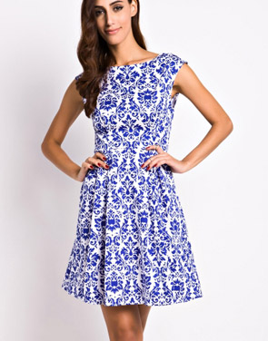 photo Blue and White Porcelain Inspired Skater Dress by OASAP, color Blue - Image 1