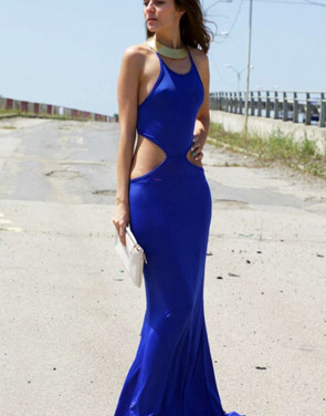 photo Blue Bold Cut Lace-up Back Floor-length Dress by OASAP, color Blue - Image 1
