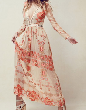 photo Bohemia Print Deep V-Neck Lace-Paneled Maxi Chiffon Dress by OASAP, color Multi - Image 1