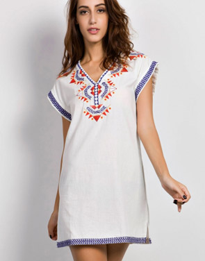 photo Bohemian Embroidery V-Neck Mini Dress by OASAP, color White - Image 1