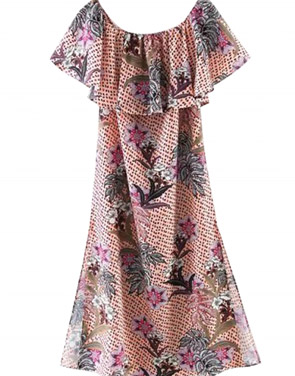 photo Boho Floral Print Off-the-Shoulder Side Slit Dress by OASAP - Image 1