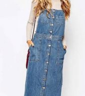 photo Buckle Strap Button Front Frayed Denim Overall Dress by OASAP, color Blue - Image 1