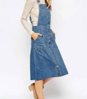 photo Buckle Strap Button Front Frayed Denim Overall Dress by OASAP, color Blue - Image 3