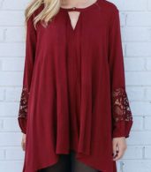 photo Burgundy Cut-out Front Lace Paneled Asymmetric Dress by OASAP, color Burgundy - Image 1