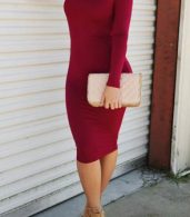 photo Burgundy Lace-up Back Round Neck Bodycon Dress by OASAP, color Burgundy - Image 1