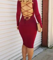 photo Burgundy Lace-up Back Round Neck Bodycon Dress by OASAP, color Burgundy - Image 2
