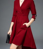 photo Butterfly Embroidery V-Neck Asymmetric Tie Waist Dress by OASAP, color Dark Red - Image 1