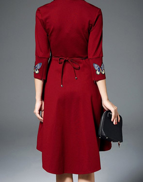 photo Butterfly Embroidery V-Neck Asymmetric Tie Waist Dress by OASAP, color Dark Red - Image 2