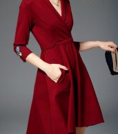 photo Butterfly Embroidery V-Neck Asymmetric Tie Waist Dress by OASAP, color Dark Red - Image 3