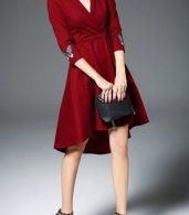 photo Butterfly Embroidery V-Neck Asymmetric Tie Waist Dress by OASAP, color Dark Red - Image 4