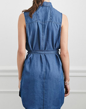 photo Button Down Sleeveless Denim Mini Dress with Belt by OASAP, color Blue - Image 2